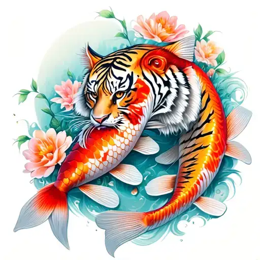 Koi Fish And Tiger With Flowers