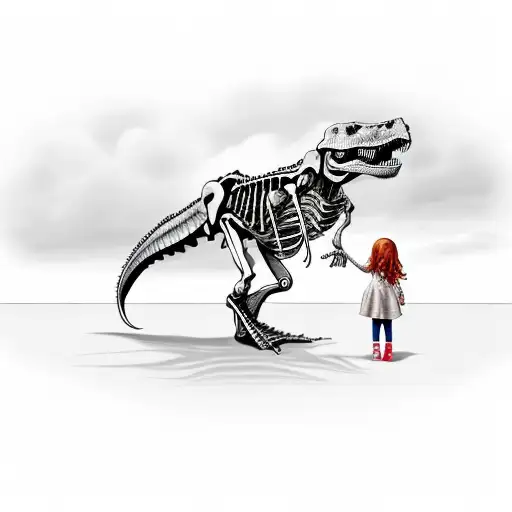 A T Rex Skeleton And A Little Girl Leading The Dinosaur On A Leash