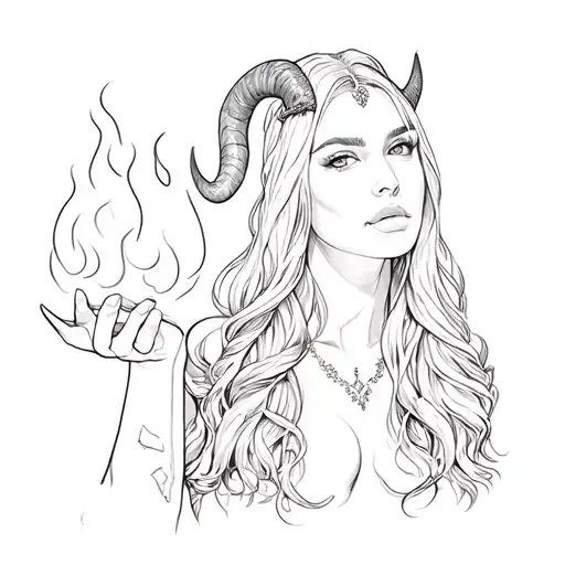 A Long Haired Woman With Horns And Holding Fire