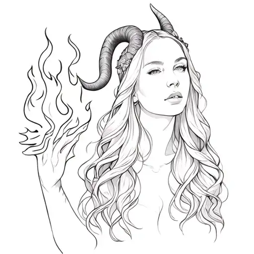 A Long Haired Woman With Horns And Holding Fire