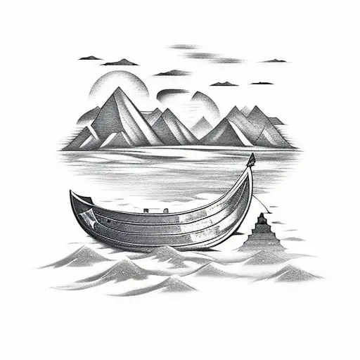 Viking Boat With Mountains In Background With Wooded Area And Animals And Nordic Symbols