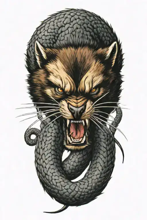 A Wolverine Animal Fighting A Snake Coiled Snake