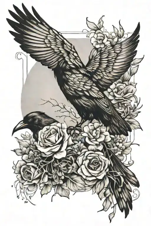 Flowers Around Raven Flying