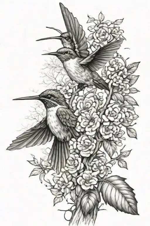 Hummingbird And Butterflies On Tree Branch