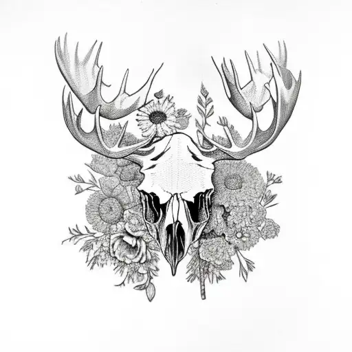 Moose Skull Side Facing Surrounded By Flowers