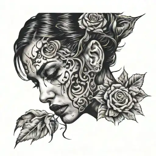 Blurry Mind Woman Face Tattoo Design Black Background