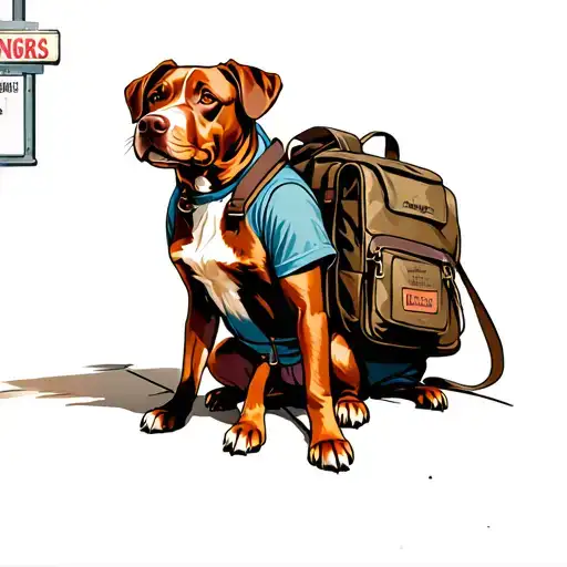 Red Dog Sitting At Street Corner With Man Wearing Large Backpack With Bar Sign In Background