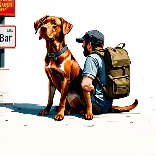 Red Dog Sitting At Street Corner With Man Wearing Large Backpack With Bar Sign In Background
