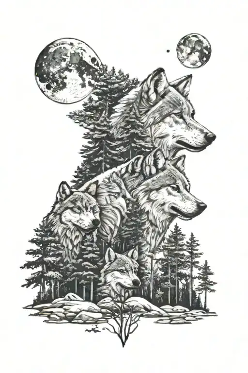 Group Ofwolf Moon Pine Forest Filled Sky