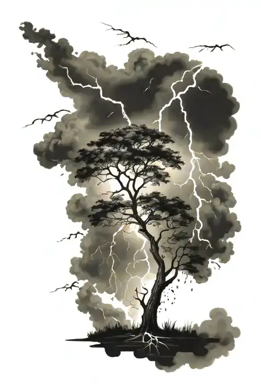 An Abstract Design Of A Rainstorm With Lightning Striking A Tree