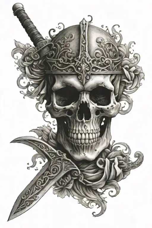 Skull Inlaid Sword Handle Black And Grey Medievel