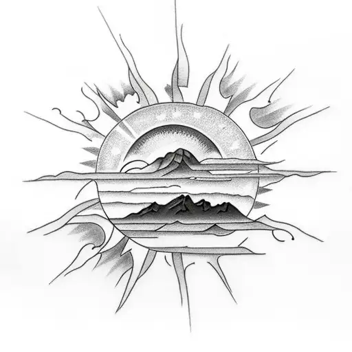 Sun With Clouds And Mountains Under