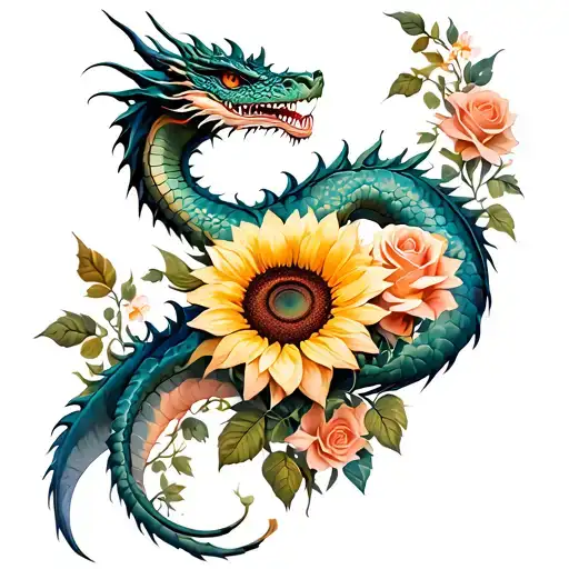 Dragon Tattoo With Roses And Sunflower