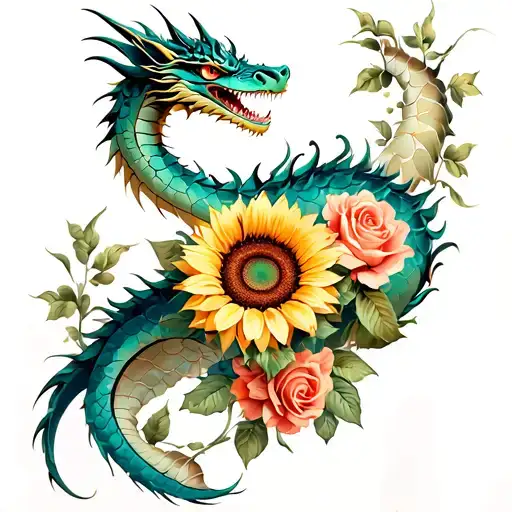 Dragon Tattoo With Roses And Sunflower