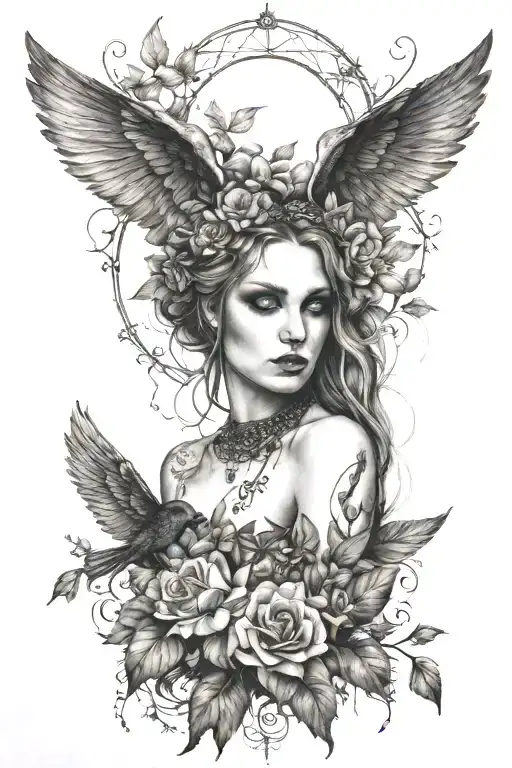 Gothic Goddess With Wings And Nature