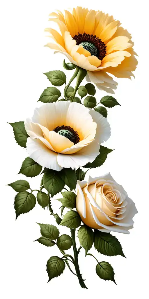 Two Poppy Flowers Sunflower And White Rose Vine