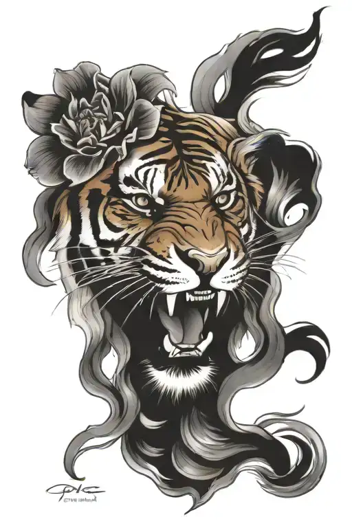 Tiger Roaring With A Blackwork Floral On Top