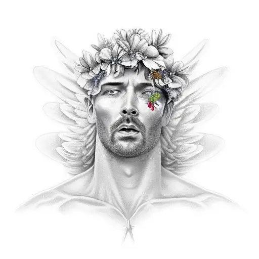 Angel Man Looking Down In A Realistic Sky Behind Flowers Above Your Head