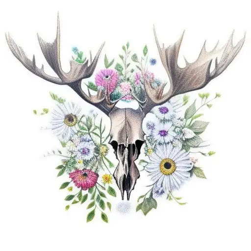 Moose Skull Surrounded By Flowers