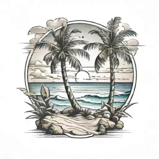 Crossed Palms With Beach Landscape