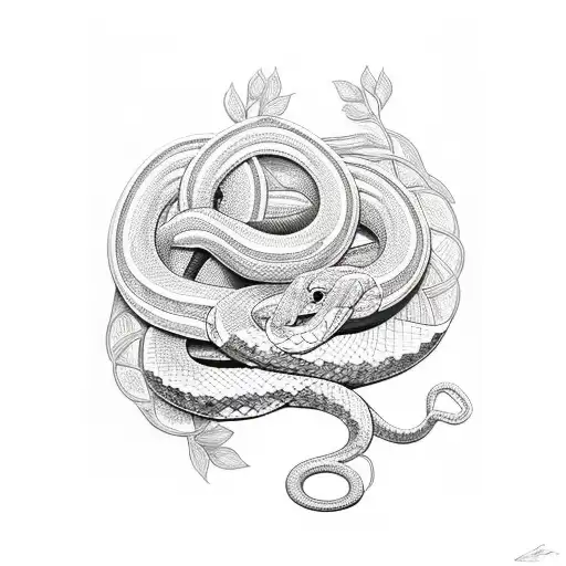 Snake Wrapped In Flowers And Geometries