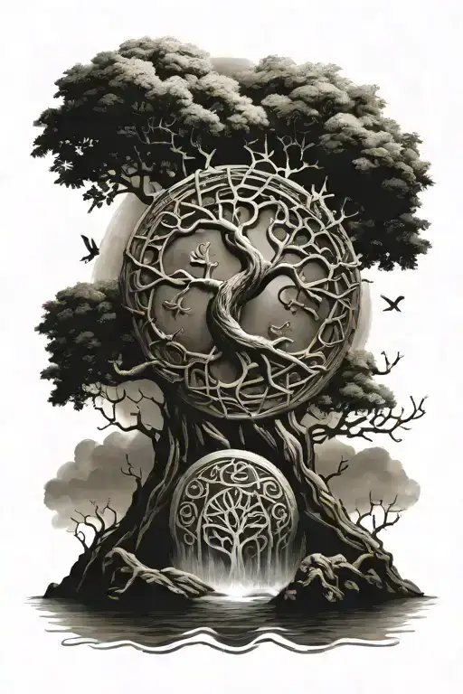 Loki And The Tree Of Life Between Water And Fire With Nordic Runes
