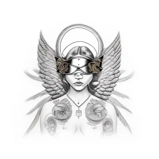 Female Angel Black And White With Golden Blindfold On