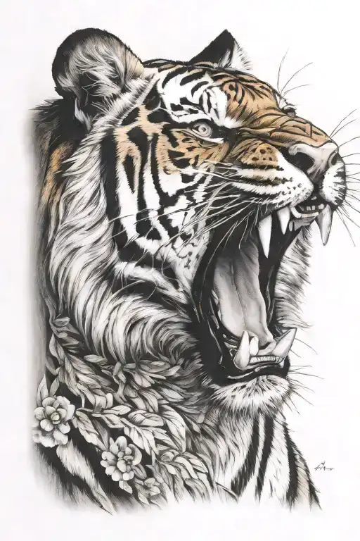 Tiger Roaring With A Blackwork Floral On Top