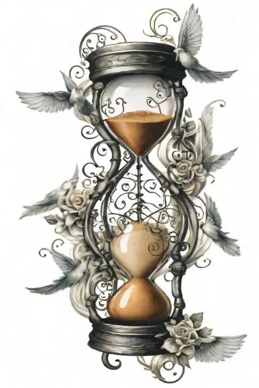 Hour Glass Music Notes Swirling Doves Flying
