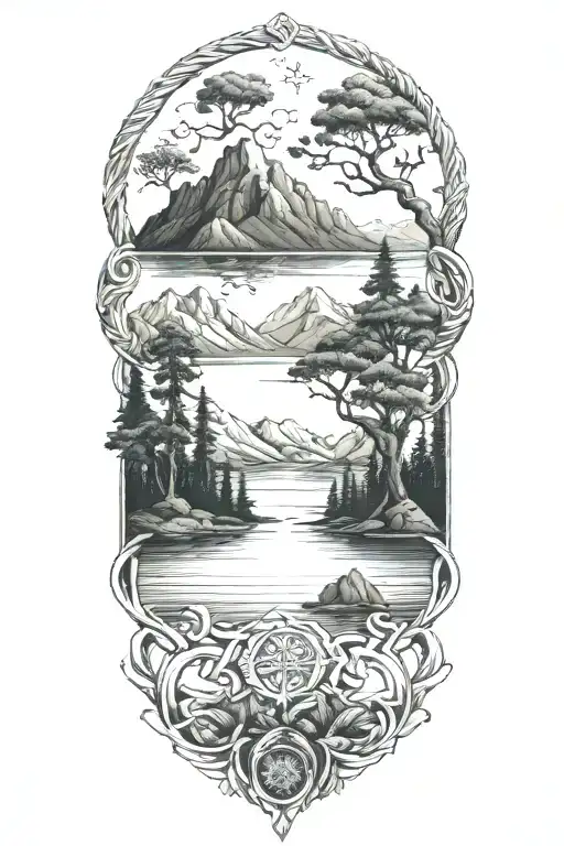 Cetic Knots With Trees Water And Mountains