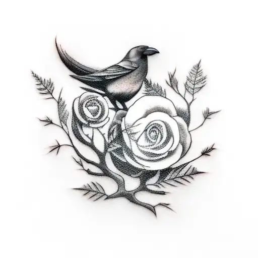 Realistic-style Tattoo Featuring A Crow Perched On A Branch Entwined With Thorns