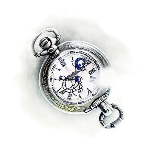 Pocket Watch With Chain And Broken Glass And Behind A Pirate Ship