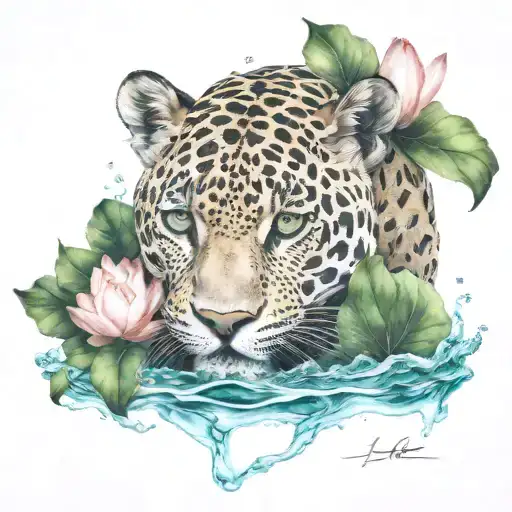 Jaguar Submerged In Water With Lotus Flowers Scattered