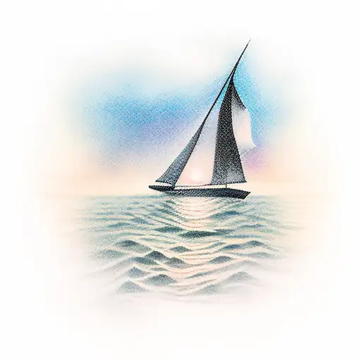 A Serene Seascape With A Solitary Catamaran Sailing Towards A Breathtaking Sunset On The Horizon