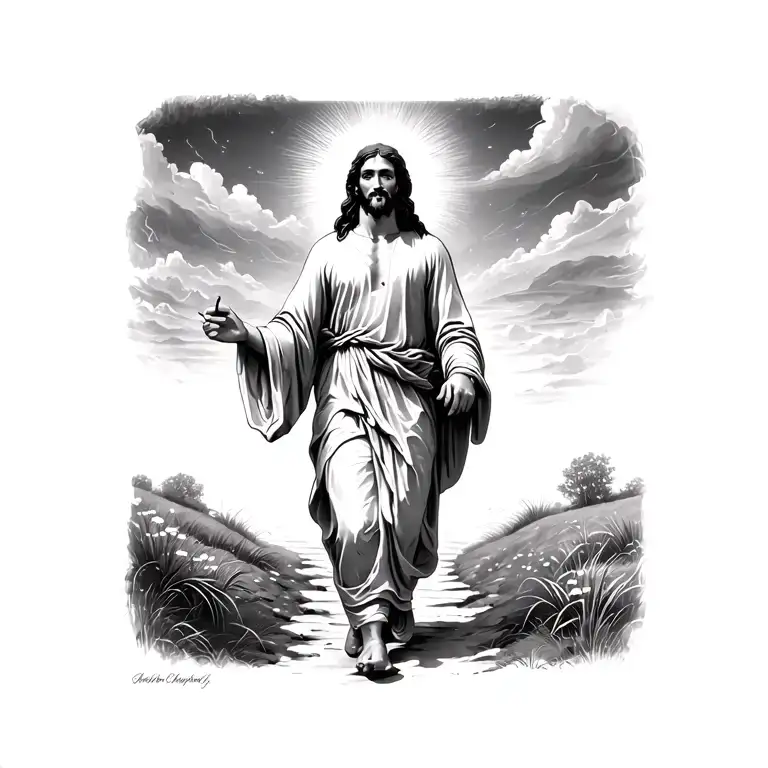 Jesus Walking Up A Path Landscape