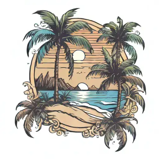 Beach Scene With Palm Trees Montins And A Sun Set