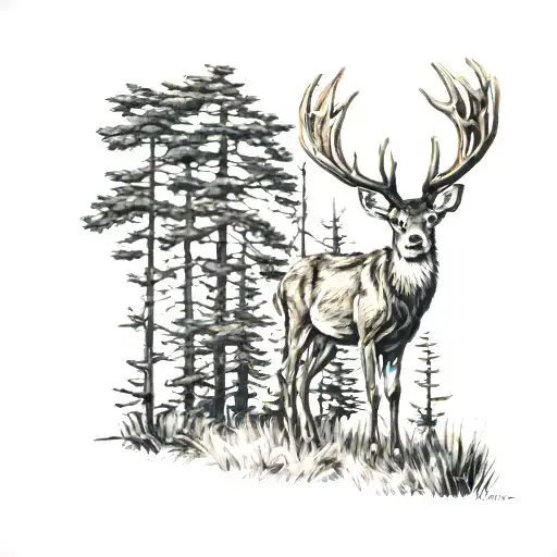 Realist Deer Standing Looking Around In Between Cedar Trees