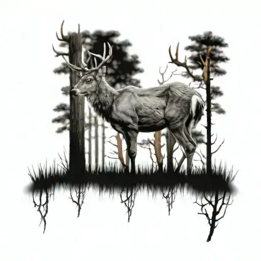 Small Realistic Deer Standing Looking Around And It's In A Forest With Small Thin Dead Trees