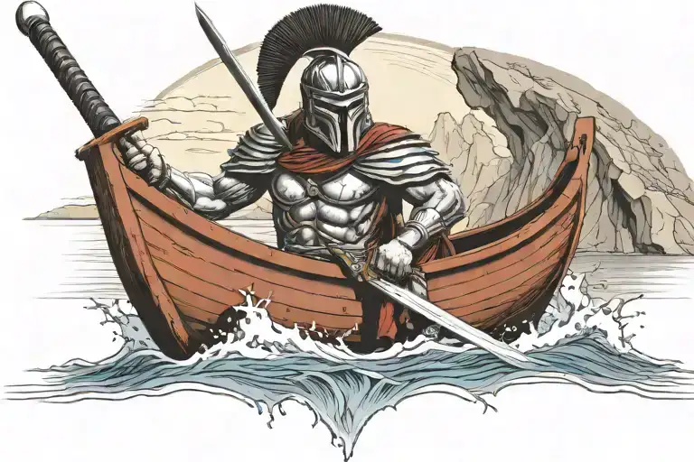 Spartan Warrior Statue With Japanese Sword In A Boat Looking Out From The Cave