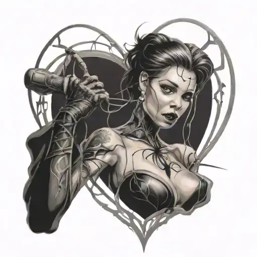 Half Woman Half Spider In A Heart Shaped Frame Holding A Whip