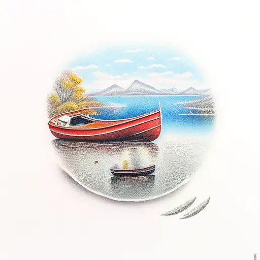 Lake With Boat And Pumpkin On Porch