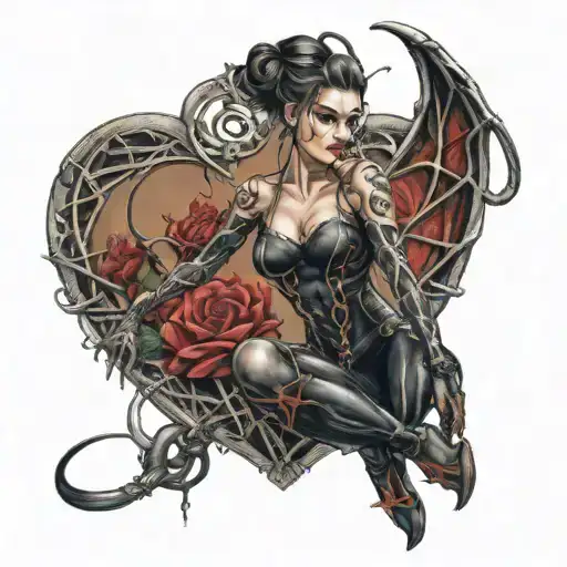 Top Half Woman Bottom Half Spider Full Body In A Heart Shaped Frame Holding A Whip