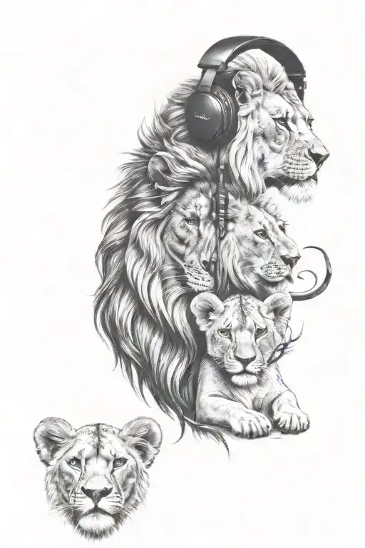 Lion In Headphones With A Pride Of Lioness And 4 Lion Cubs