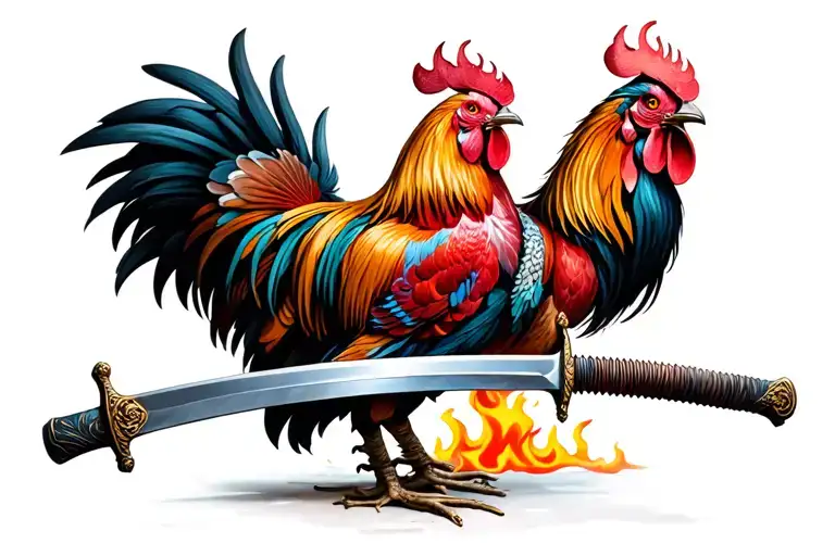 Samurai Sword Under A Rooster With Flames Behind It