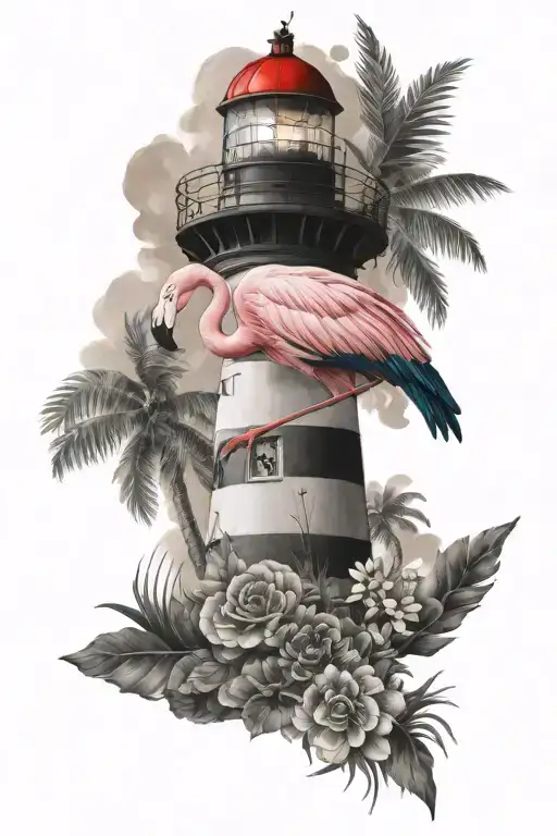 Flamingo With Lighthouse Realistic Portrait