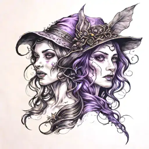 A Woman With Half The Face Is A Witch And The Other Half Is Fae With Purple Eyes And Brown Hair