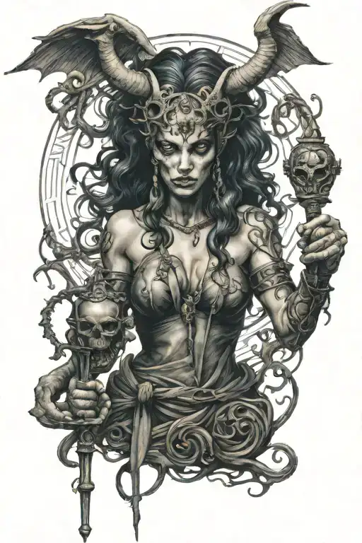 The Demon Looks Ahed While Holding The Staff Of Caduceus In Her Hand