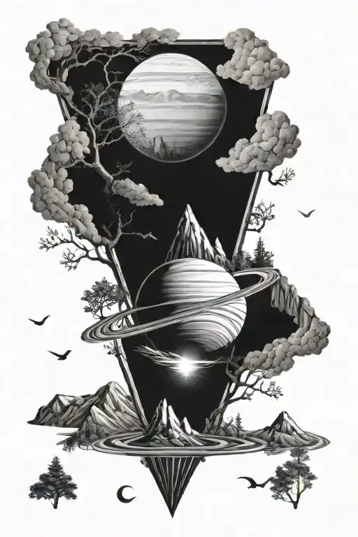 Saturn With Mountains And Trees Background Black And White