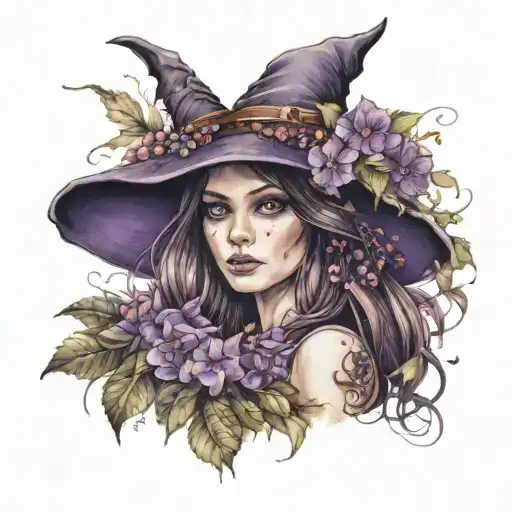 A Fae Woman Wearing A Witch Hat With Brown Hair And Purple Eyes Surrounded By Flowers
