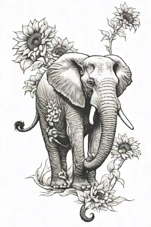 Elephant Trunk Up Surrounded By Sunflowers